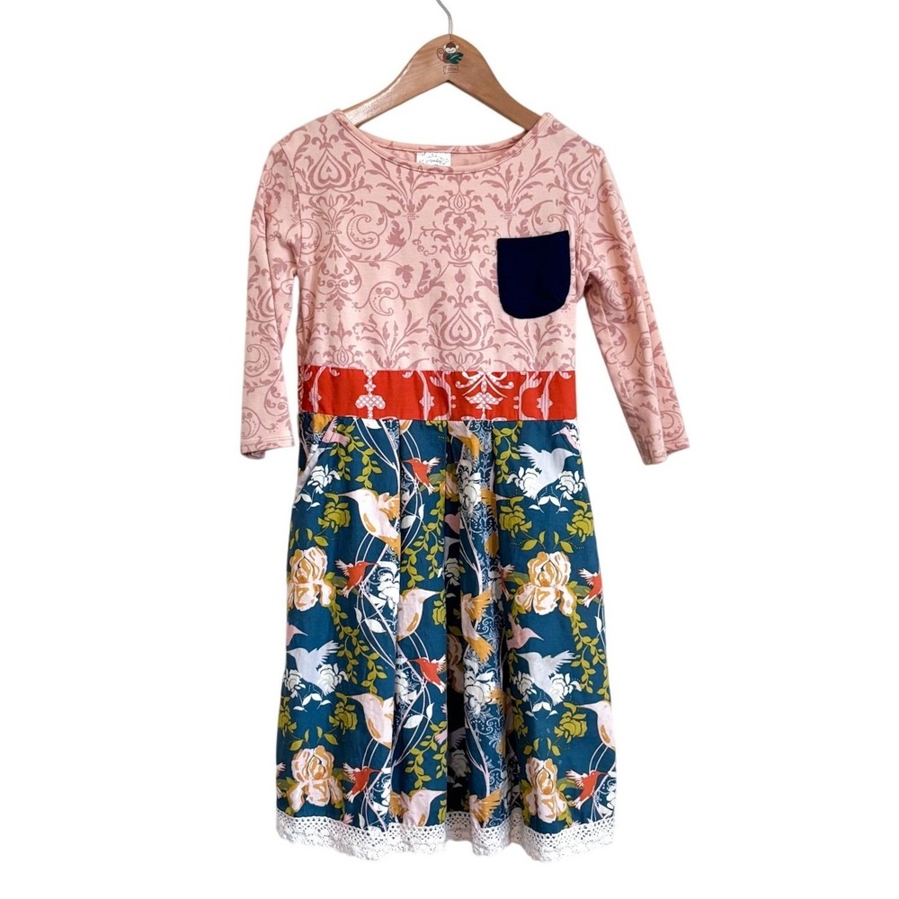Persnickety Girls Boho Bird Floral Dress Size 7 Pink Blue Lace Pockets Whimsical